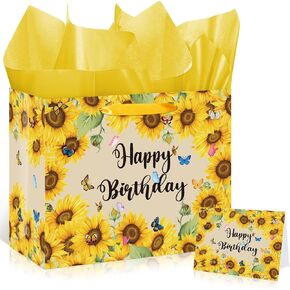 Sunflower Birthday Gift Bag for Girls Women Yellow Sunflower Birthday Paper Bag with Tissue Paper Card Sunflower Birthday Wrapping Paper Bag for Birthday Christmas Wedding Bridal Shower Decorations