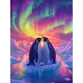 SKRYUIE 5D Penguin Diamond Painting Kits - DIY Diamond Art Kits for Adults Aurora Borealis, Full Round Drill - Crystal Cross Stitch - Adults Craft for Wall & Office Decor - 12x16 Inch