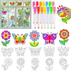 Qyeahkj 30PCS Spring Flower Butterfly Suncatchers for Kids DIY Flower Butterfly Window Cling Sticker with Markers Spring Painting Craft Kit Spring Art Project Hobby Gifts for Home Classroom Decor