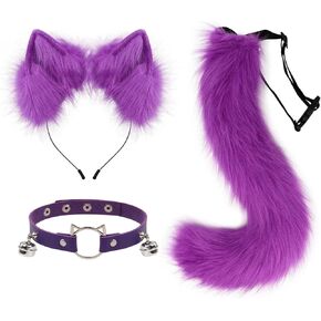 Furry Animal Cat Fox Tail Faux Fur Wolf Ear Headband Leather Neck Chocker Costume Set for Party Halloween Cosplay