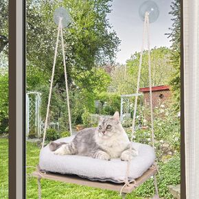 MCEAST Cat Window Perch Cat Hammock Window Bed with Fluffy Blanket 4 Strong Suction Cups Hanging Window Shelf Easy to Install Cat Window Seat for Small Medium Indoor Cats, Natural Wood Color
