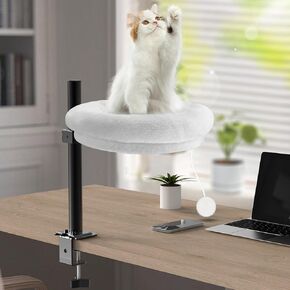 سرير مكتب Cat ، والقطط الحيوانات الأليفة Desk Nest Round Round ، و 360 ° دوران وقابل للتعديل ، وسادة ناعمة مريحة قابلة للغسل للقطير ، والإطار المعدني مثبتة على الطاولة ، وأثاث الحيوانات الأليفة للطاولات الداخلية المكتبية