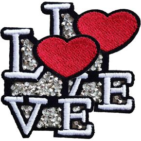 Rhinestone Love Patch, 2PCS Cute Love You Red Heart Iron On Patch, Decorative Applique Patch DIY Sticker Accessories for Clothes Jacket Bags Backpacks