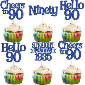 Ephlyn 24Pcs Happy 90th Birthday Cupcake Toppers Glitter Straight Outta 1935 Cupcake Picks Hello 90 Cheers to 90 Years Birthday Cake Decorations for 90th Birthday Anniversary Party Supplies Rose Gold