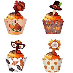 MorTime 48 PCS Thanksgiving Cupcake Toppers & Wrappers, Thanksgiving Themed Turkey Hat Sign Various Styles of Harvest Day Cupcake Party Decorations