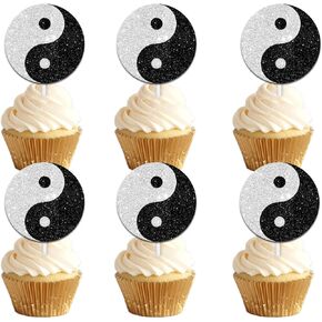 18pcs Red Glitter Dessert Cupcake Topper Yin Yang Tai Chi Theme Men Women Boys Girls Happy Birthday Party Decorations