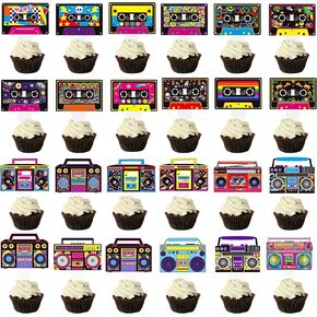 Cassette Tape Party Cupcake Toppers 48Pcs Boom Box Birthday Cake Decorations 80s 90s Music Party Cupcake Picks Cassette Player Party Decorations for Retro Hip Hop Themed Party Supplies