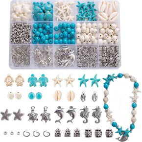 344Pcs Turquoise Sea Turtle Beads Blue and White Starfish Beads Tortoise Turtle Charms Summer Beach Animal Spacer Beads Shell Beads for Jewelry Making DIY Bracelet Necklace (8 Strings)