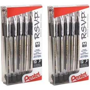 Pentel(R) R.S.V.P.(R) Ballpoint Pens, 1.0 mm, Medium Point, Clear Barrel, Black Ink, Pack Of 12, BK91-A