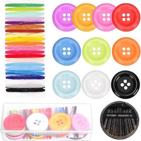 Swpeet 22Pcs 2"(48mm) 10 Colors Mixed Round Resin Buttons with 21 Color Embroidery Thread and Sewing Needles Sewing Kit, 4 Holes Sewing Flat back Button Sewing Buttons for Garment DIY Craft Decoration