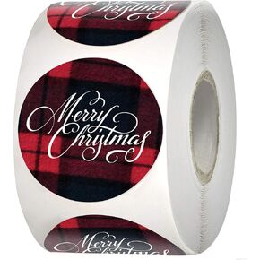 Easykart 500 Merry Christmas Red Checks Background Stickers in roll, 1.5 inch Round Size Perfect for Decoration Stickers, Gifting and envelopes Sealing (1 Pack - 500 PCs)