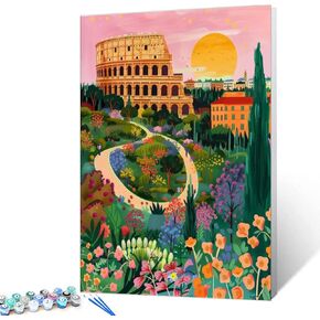 Boho Greek Island Scenery DIY Paint by Numbers for Adults Seaside White Town View Landscape DIY Oil Painting Acrylic Paint Simple Painting Kits Canvas with Acrylic Paint Art 16x20 Inch（without Frame ）
