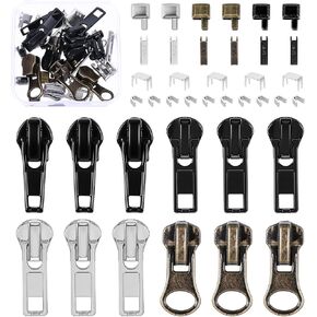 39 قطعة ملحقات إصلاح سوستة معدنية مجموعة Zipper Repair Kit #5 شرائح مع سحب 12 PCS ZIPPER HEAD SLIDER REDAINER BOX INSERTION
