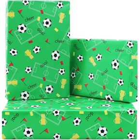 Geluode Football Wrapping Paper, Soccer Football Field Sports Trophy Gift Green Wrapping Paper 4 Sheets 20x28 inches per Sheet, Birthday Gift Wrap for Boys Kids Men Birthday Holiday