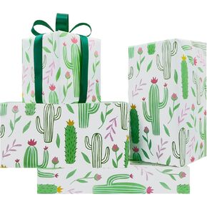 Cactus Wrapping Paper for Women Men, Green Cacti with Pink Yellow Flowers Tropical Gift Wrap Paper, 19.7x27.5 Inch Folded Flat Green Plant Art Paper for Summer Holiday Birthday Baby Shower DIY Craft