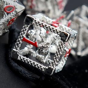 Haxtec Hollow Metal DND Dice Set 7PCs Flying Dragon Silver Red D&D Dice Set with Leather Dice Bag for Dungeons and Dragons TTRPG Gift