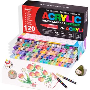 120 Color Acrylic Paint Markers, Soft Brush Tip Acrylic Paint Pens,Quick-Drying Waterproof Acrylic Markers for Canvas, Rock Painting, Wood, Stone, Glass, Ceramic, Fabric Painting
