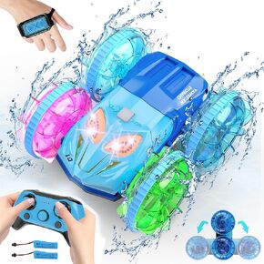 قارب سيارة التحكم عن بُعد مع دوران 360 درجة ، 2.4 جيجا هرتز قارب سيارة RC برمائية مع الضوء والموسيقى ، الإيماءات استشعار RC ماء 4WD المياه جميع التضاريس شاطئ بركة ، فتيات هدية 8 سنوات من العمر