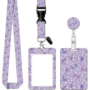 ID Badge Holder with Retractable Badge Reel Clip and Lanyard Cute Card Name Tag Lanyard Vertical ID Protector Bage Clips for Nurse Doctor Teacher Student(Purple Flowers)