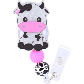1 Pack Badge Holder Retractable Clip Cute Funny Cow Badge Reel Holder with Clip Badge Clip ID Card Holders Office Student Hospital Women (Pink)