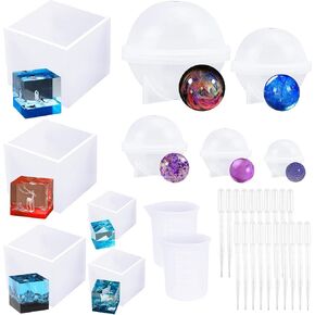 Woohome 32 PCS Silicone Resin Moulds Sphere Epoxy Resin Moulds and Square Jewelry Casting Mould, Silicone Measuring Cup for Jewelry Craft Making
