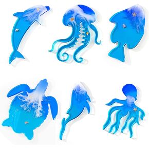 FUYAKEJI Ocean Animal Resin Molds Silicone Coaster Marine Dolphins, Octopus, Turtles, Jellyfish, Whales, Fish Molds for Epoxy Resin - 6PCS