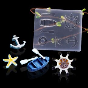 Mini Ocean Theme Resin Silicone Mold 3D Simulation Cute Boat Rudder Starfish Ship Anchor Life Buoy Shape Epoxy Casting Mold for DIY Micro Resin Dollhouse Decoration Display Decor