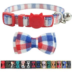 Cat Collar Breakaway with Bell and Bow Tie, Plaid Design Adjustable Safety Kitty Kitten Collars(6.8-10.8in) (Red/White/Blue)