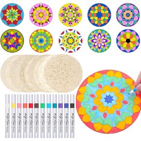 WOWOSS 32Pcs Wooden Mandala Painting Kit, 20 Pcs 7.8-Inch Mandala Unfinished Wood Crafts, 10 Patterns Large Wooden Cutouts for Adult Painting DIY with 12 Acrylic Markers, for Parties and Decoration