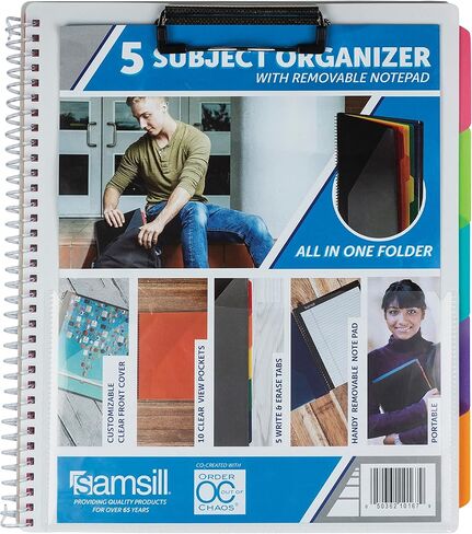Samsill 5 Subject Spiral School Organizer with Clipboard and Removable Notepad, All-in-One Folder, 5 Dividers with 10 Pockets, Multi-Pocket Folder and Document Holder, Black in Saudi Arabia