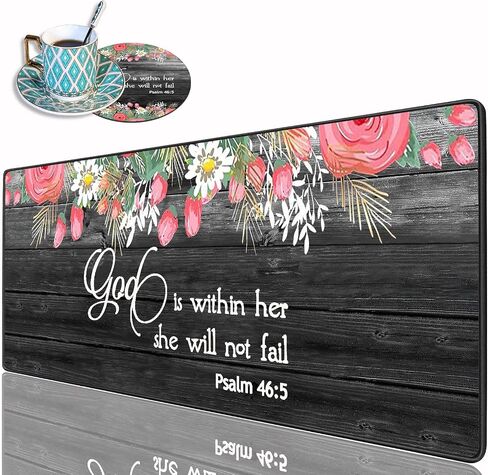 Desk Pad Mat Gaming Mouse Pads with Coasters, 31.5"x 11.8" XXL Large Gaming Mouse Mat Desk Pad with Non-Slip Base and Stitched Edge for Home Office Gaming Work, Floral Quote Bible Verse Psalm 46:5 in Kuwait