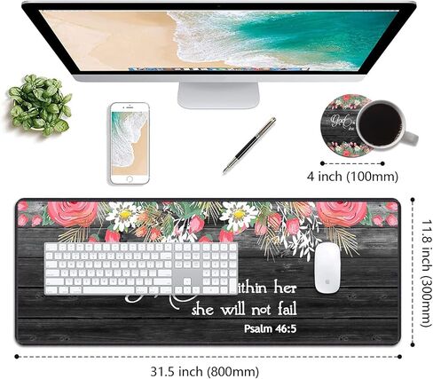 Desk Pad Mat Gaming Mouse Pads with Coasters, 31.5"x 11.8" XXL Large Gaming Mouse Mat Desk Pad with Non-Slip Base and Stitched Edge for Home Office Gaming Work, Floral Quote Bible Verse Psalm 46:5 in Kuwait