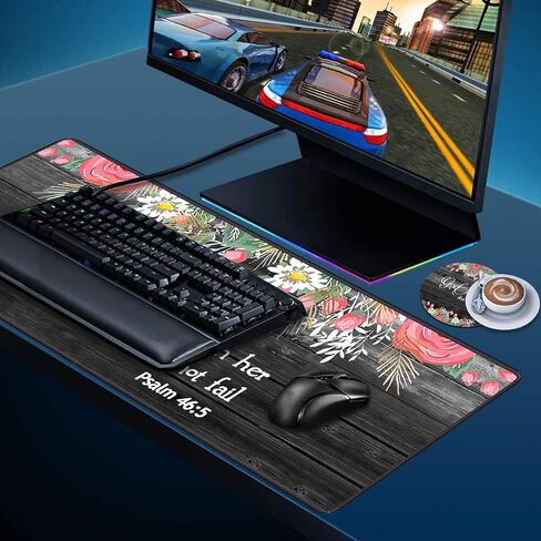 Desk Pad Mat Gaming Mouse Pads with Coasters, 31.5"x 11.8" XXL Large Gaming Mouse Mat Desk Pad with Non-Slip Base and Stitched Edge for Home Office Gaming Work, Floral Quote Bible Verse Psalm 46:5 in Kuwait