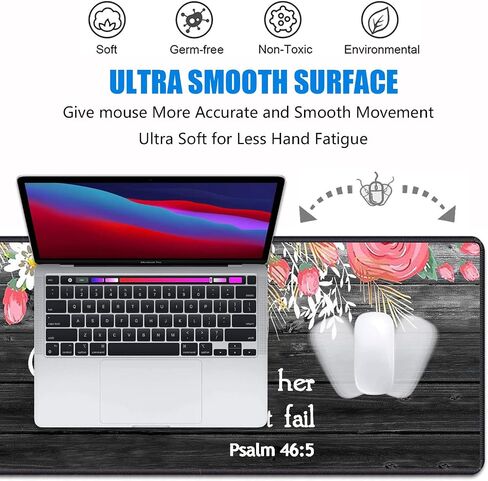 Desk Pad Mat Gaming Mouse Pads with Coasters, 31.5"x 11.8" XXL Large Gaming Mouse Mat Desk Pad with Non-Slip Base and Stitched Edge for Home Office Gaming Work, Floral Quote Bible Verse Psalm 46:5 in Kuwait