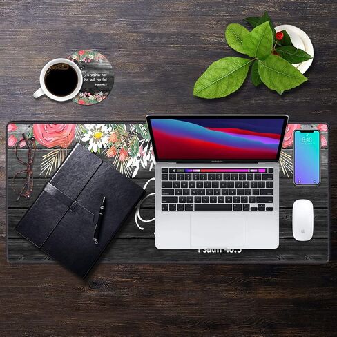 Desk Pad Mat Gaming Mouse Pads with Coasters, 31.5"x 11.8" XXL Large Gaming Mouse Mat Desk Pad with Non-Slip Base and Stitched Edge for Home Office Gaming Work, Floral Quote Bible Verse Psalm 46:5 in Kuwait