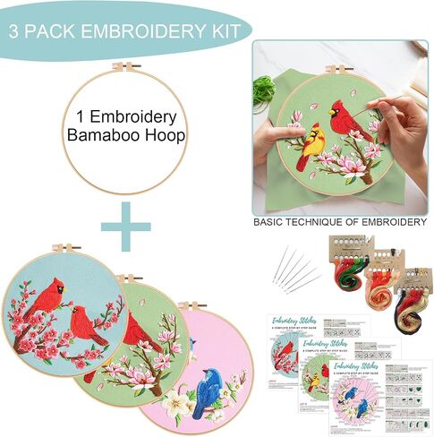 Nuberlic 3 Pack Embroidery Kit for Beginner Adults, Cross Stitch Set with Cute Bee Patterns, Includes Cloth, Hoops, Threads, Needles, Instructions in Kuwait