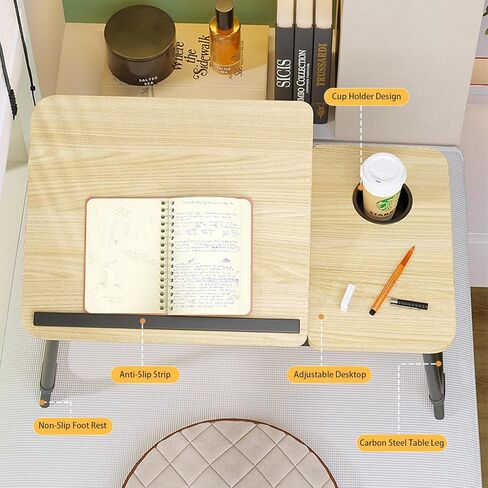 Laptop Desk for Bed, Adjustable Laptop Stand with 5 Adjustable Angles, Portable Lap Tray Table with Cup Holder, Laptop Bed Desk Tray for Eating Working Writing Reading (Yellow) in Saudi Arabia