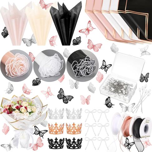 368 Pcs Flower Bouquet Wrapping Paper Kit Flower Bouquet Accessories Flowers Supplies, 3D Butterfly, Pin, Ribbon, Bow, Crown for Florist DIY Craft Wedding(Novel,Vivid Color) in Kuwait