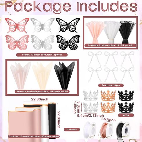 368 Pcs Flower Bouquet Wrapping Paper Kit Flower Bouquet Accessories Flowers Supplies, 3D Butterfly, Pin, Ribbon, Bow, Crown for Florist DIY Craft Wedding(Novel,Vivid Color) in Kuwait