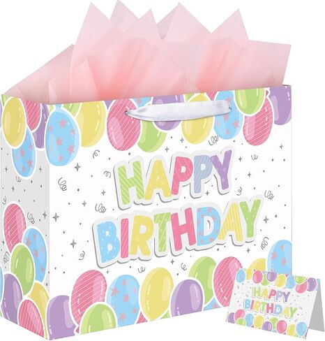 woric 14.5" Birthday Gift Bag, Happy Birthday Bag with Tissue Paper and Greeting Cards for Girls Birthday Party Baby Shower in Saudi Arabia