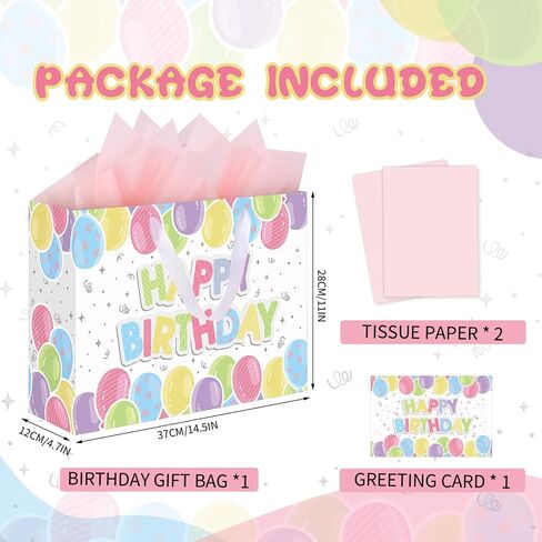 woric 14.5" Birthday Gift Bag, Happy Birthday Bag with Tissue Paper and Greeting Cards for Girls Birthday Party Baby Shower in Saudi Arabia