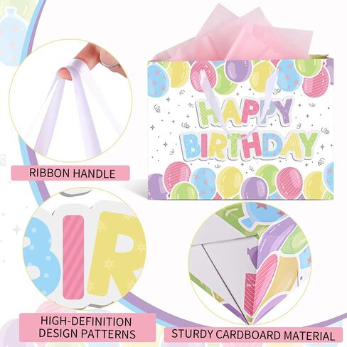 woric 14.5" Birthday Gift Bag, Happy Birthday Bag with Tissue Paper and Greeting Cards for Girls Birthday Party Baby Shower in Saudi Arabia