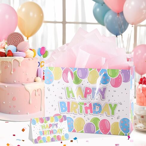 woric 14.5" Birthday Gift Bag, Happy Birthday Bag with Tissue Paper and Greeting Cards for Girls Birthday Party Baby Shower in Saudi Arabia