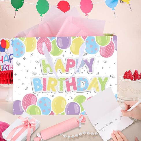 woric 14.5" Birthday Gift Bag, Happy Birthday Bag with Tissue Paper and Greeting Cards for Girls Birthday Party Baby Shower in Saudi Arabia