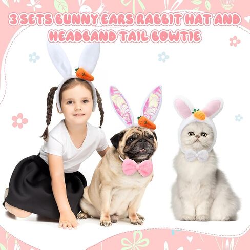 Weewooday 3 مجموعة الكلب أرنب أذني عيد الفصح ، الكلب رئيس Cat Cat Rabbit Ear Hat لطيف Pet Bow Propy Plush Plush Tail لإكسسوارات أزياء عيد الفصح للحيوانات الأليفة (Vivid) in Kuwait