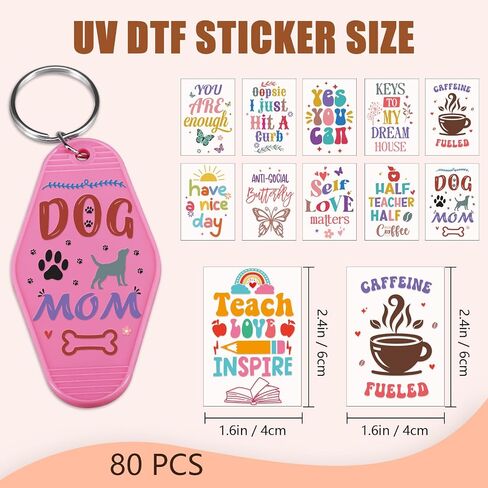 UV DTF Wrap Stickers - 80 Sheets Inspirational UV DTF Stickers for Motel Keychain Teacher Dog Cat Mom UV DTF Wraps Butterfly UVDTF Wraps Waterproof UV DTF Transfer Stickers for Hotel Keychain in Saudi Arabia