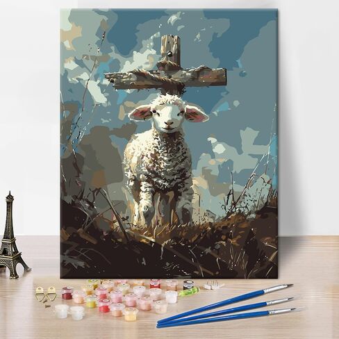 Rebotipy Christianity Paint by Numbers, Sheep with Cross its Head Paint by Numbers Kit for Adults, Sheep Watercolor Paint by Numbers Kits, Easy Paint by Numbers for Beginners Art Crafts 16x20 inches in Kuwait