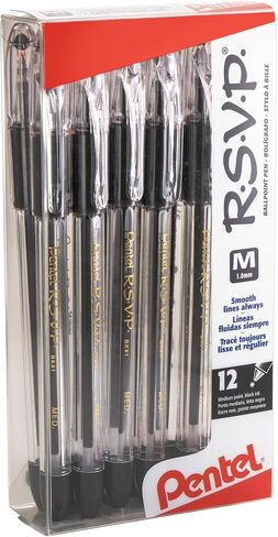 Pentel(R) R.S.V.P.(R) Ballpoint Pens, 1.0 mm, Medium Point, Clear Barrel, Black Ink, Pack Of 12, BK91-A in Saudi Arabia