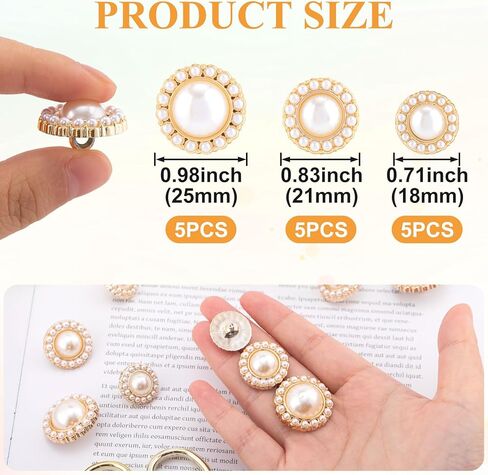 15 Pcs Vintage Pearl Buttons, 3 Sizes Faux Buttons Embellishments Set, Metal Button with Pearl, Retro Sewing Button for Crafts, Coats, Sweaters, Dress in Kuwait