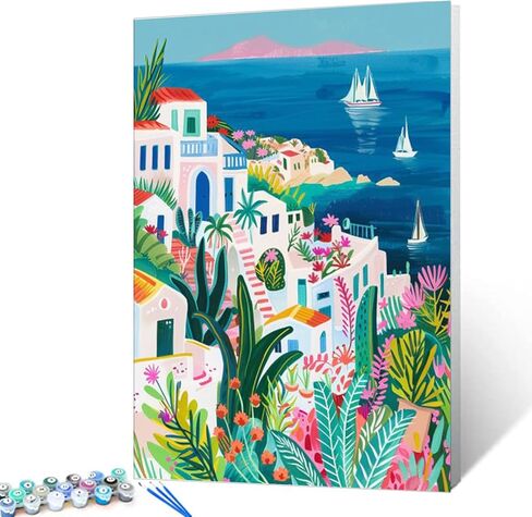 Boho Greek Island Scenery DIY Paint by Comples Seaside White Town View Landscape DIY Paint Paint Acrylic Paint Kits Canvas with Acrylic Paint Art 16x20 Inch （بدون إطار） in Kuwait